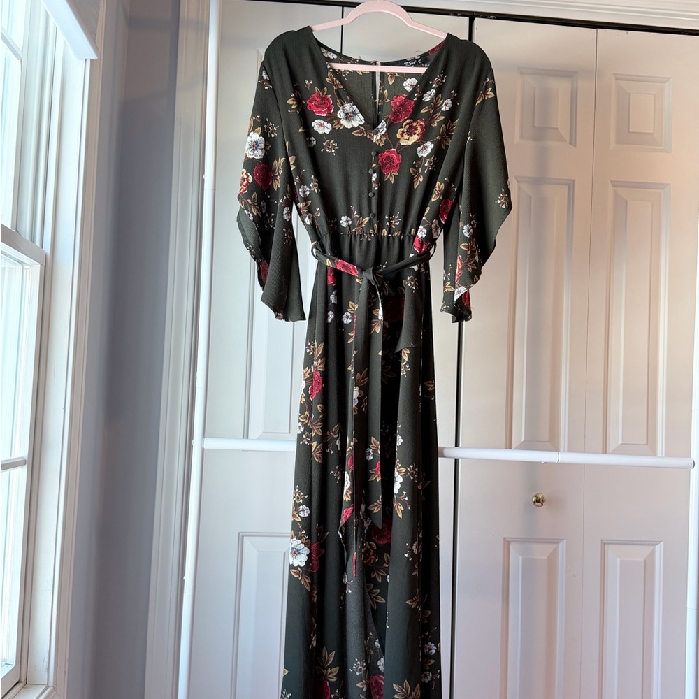 Simple Dark Green Floral Maxi Dress